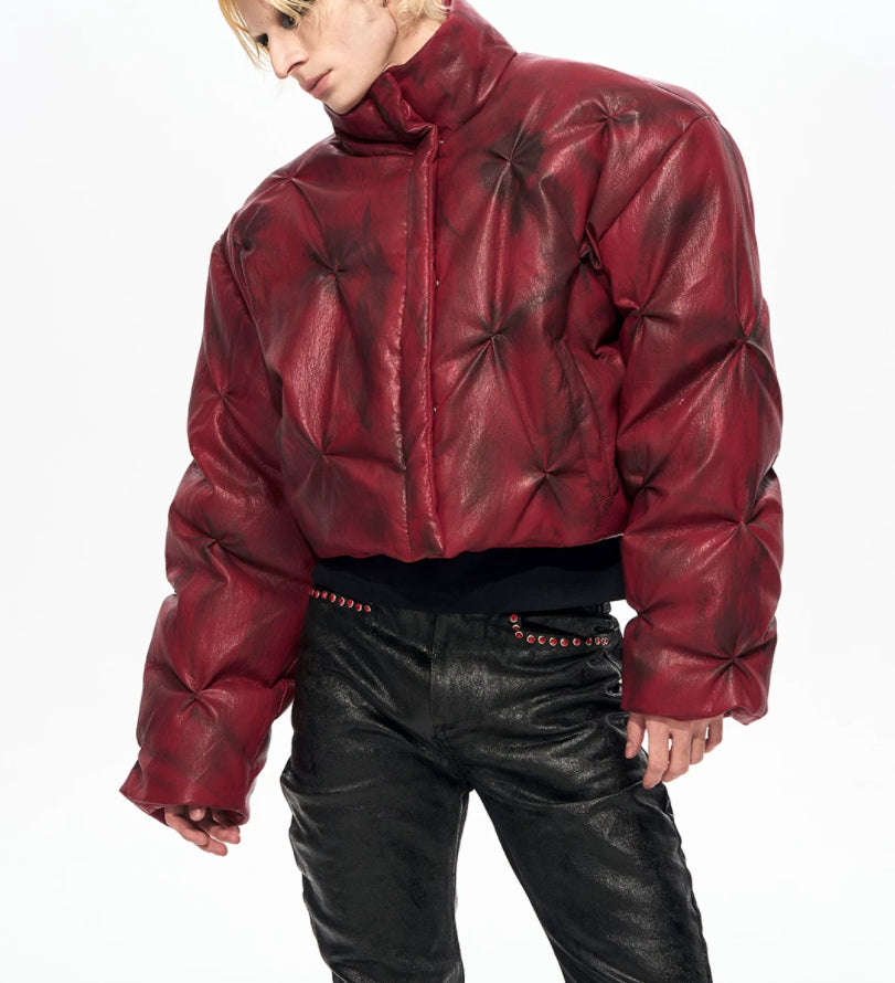 Unisex Cropped Leather Puffer Jacket