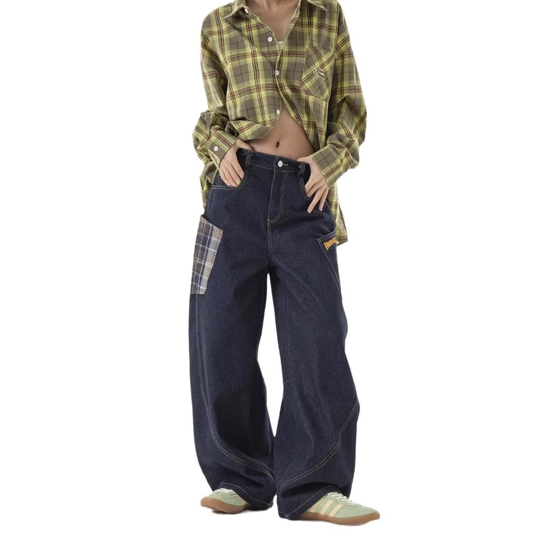 American-style Plaid Patchwork Straight Jeans