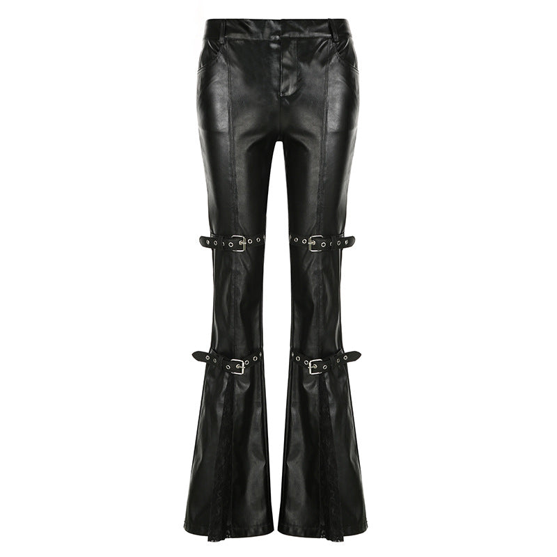 Lace Stitching Faux Leather Flare Pants