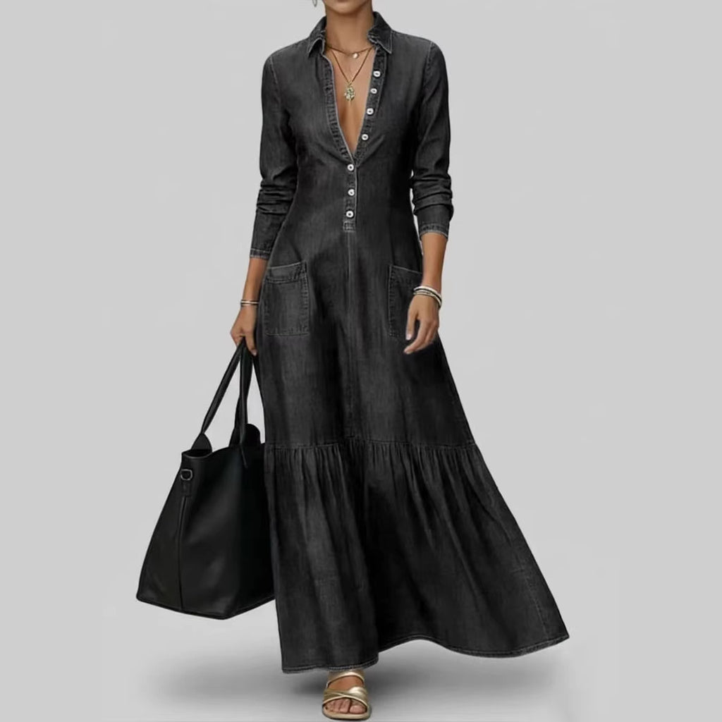 Denim Maxi Dress with Fitted Waist and Vintage Collar