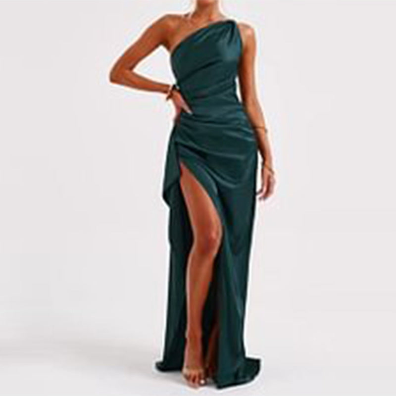 One Shoulder Backless Slit Satin Dress