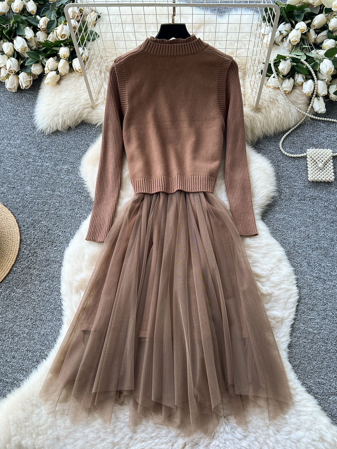 Cherry Knit Patchwork Mesh Long Sleeve Dress