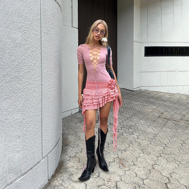 Scarlet Siren™ Deep V Lace-Up Dress
