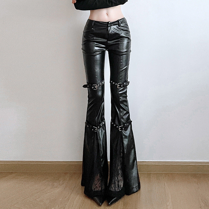 Lace Stitching Faux Leather Flare Pants