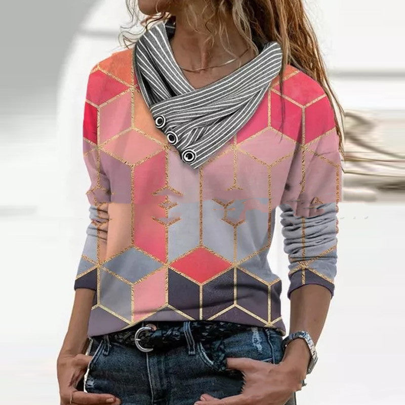 Loose V-Neck Long Sleeve Printed T-Shirt