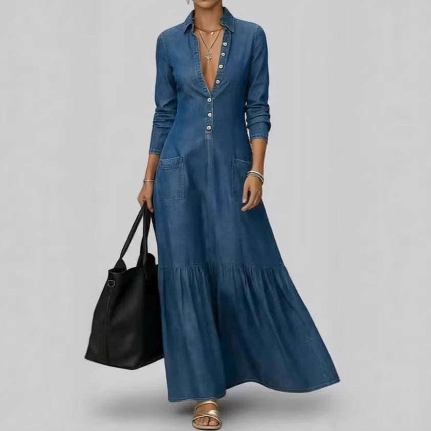 Denim Maxi Dress with Fitted Waist and Vintage Collar