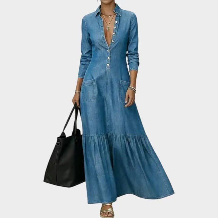 Denim Maxi Dress with Fitted Waist and Vintage Collar
