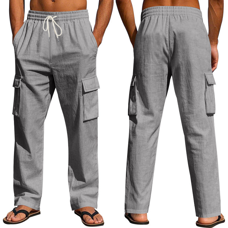 Workwear Multi-Pocket Straight Linen Pants