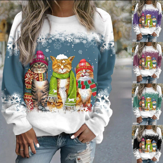 Christmas Snowman & Cat Long Sleeve T-Shirt