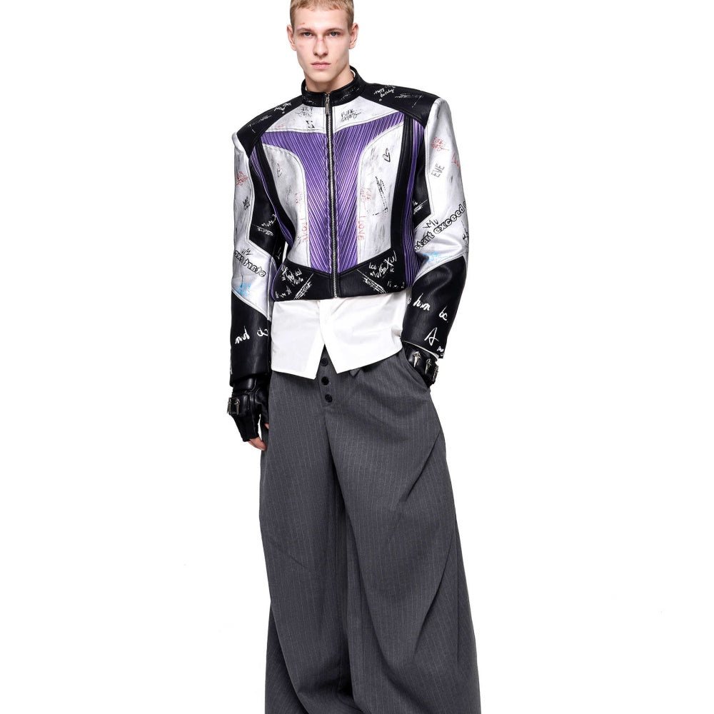 Short Stand‑Up Collar Graffiti Leather Jacket