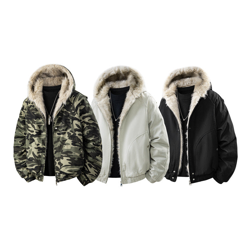 Hooded bomber jackets in Camouflage, Grey and Black with contrasting textured hood trim
