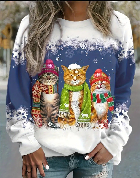 Christmas Snowman & Cat Long Sleeve T-Shirt