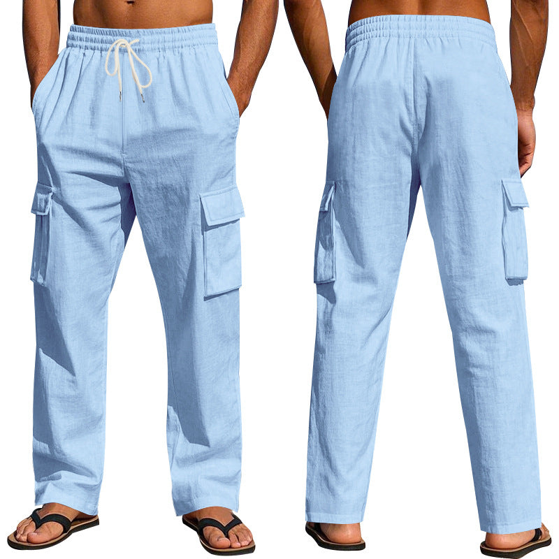 Workwear Multi-Pocket Straight Linen Pants