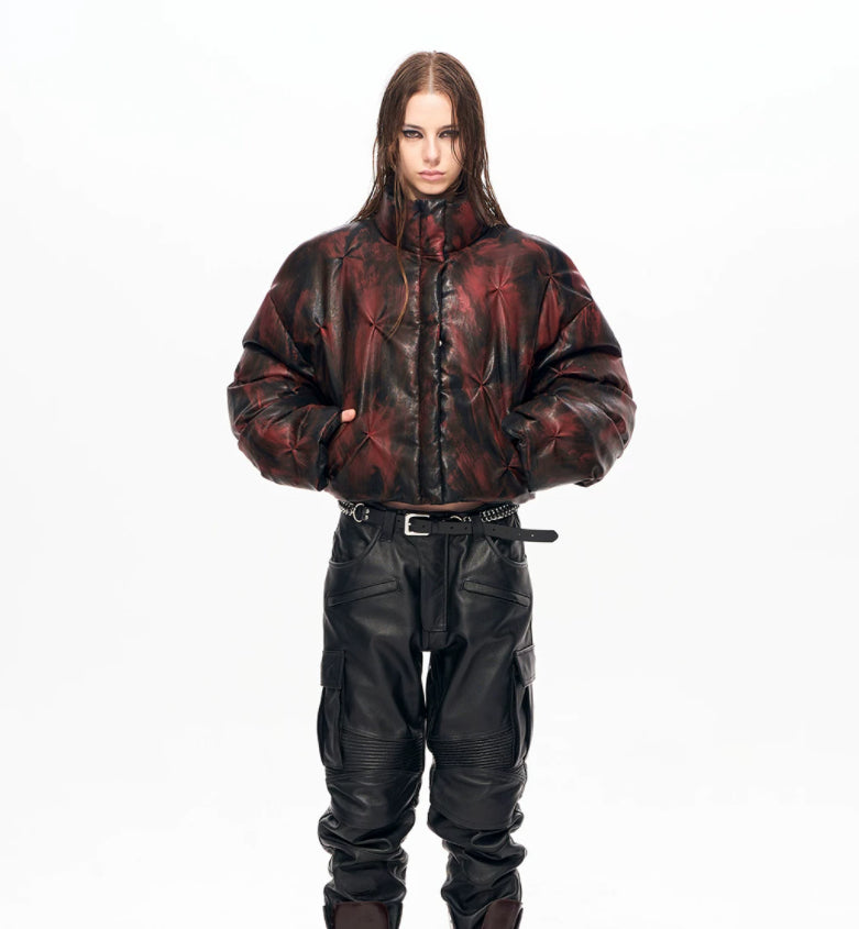 Unisex Cropped Leather Puffer Jacket