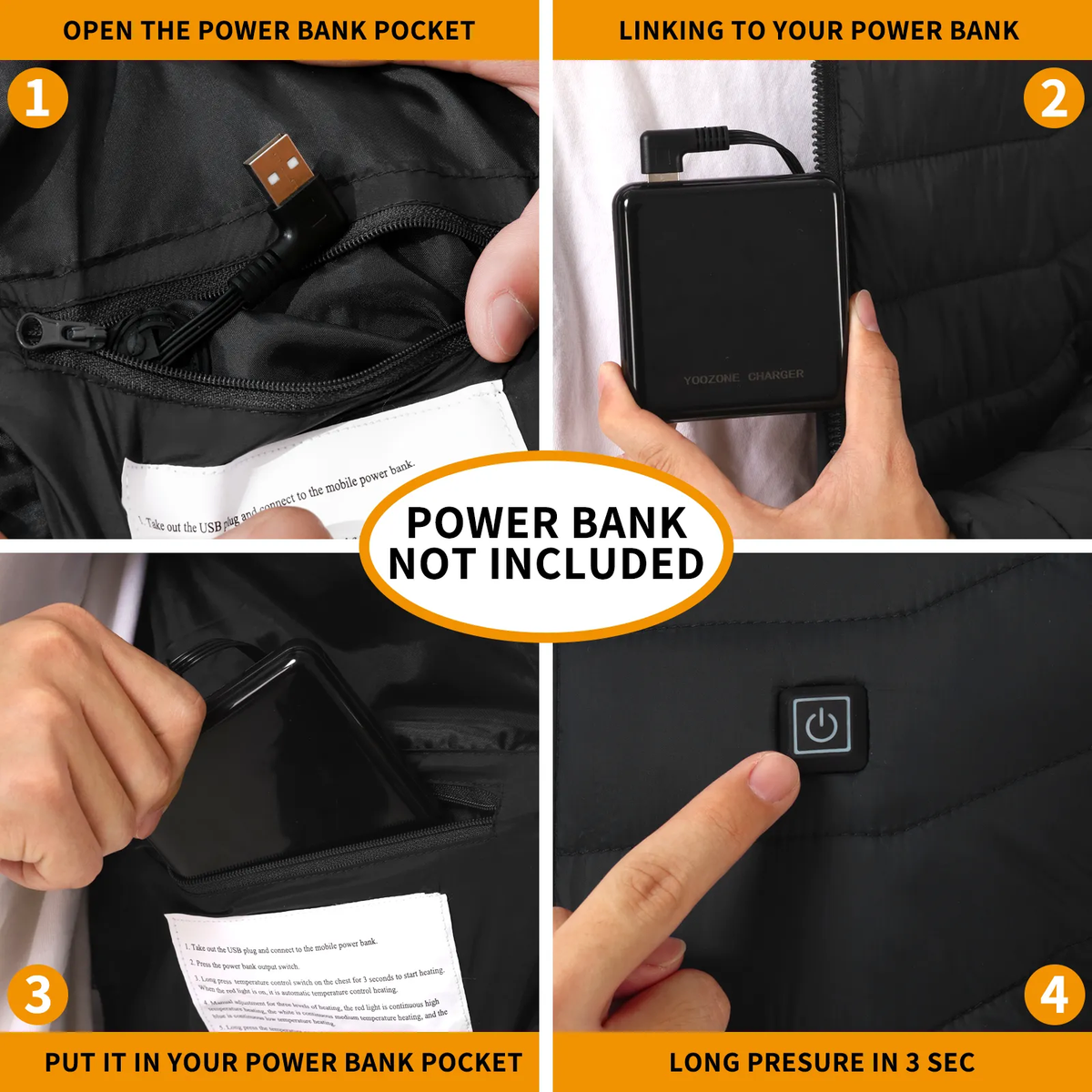 Heated jacket instructions showing USB-A cable connection, power bank pocket and heating control; power bank not included